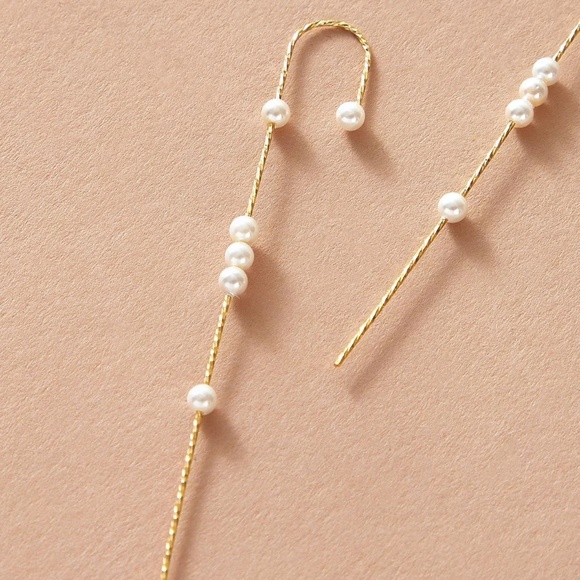 Dainty Pearl Ear Pin Delicate Ear Pin, Gold Pearl Pin, Ear Climber, Pair - Picture 2 of 5